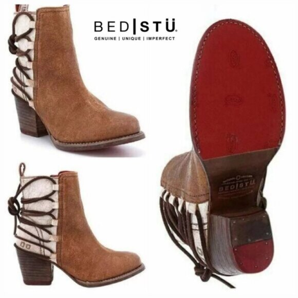 Bed Stu Blaire Leather Ankle Booties Women's 6.5 Tan Rustic Lace-Back Boots - Picture 1 of 11